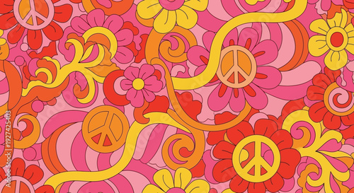 Psychedelic 60s 70s Retro Pattern with Peace Signs and Stylized Flowers in Pink Orange Yellow Red. Abstract Hippie Background for Wallpaper and Textile Design.