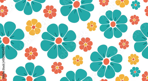 Vibrant retro seamless floral pattern with teal orange and yellow flowers on a white background for wallpaper textile design and vintage aesthetic decor art.