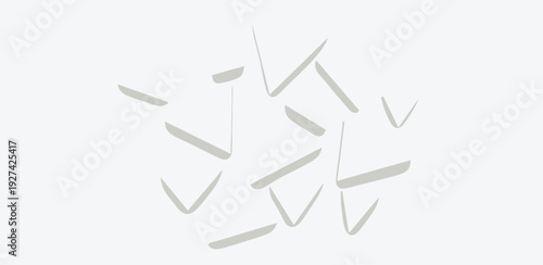 A collection of abstract grey shapes scattered randomly on a plain surface viewed from directly above