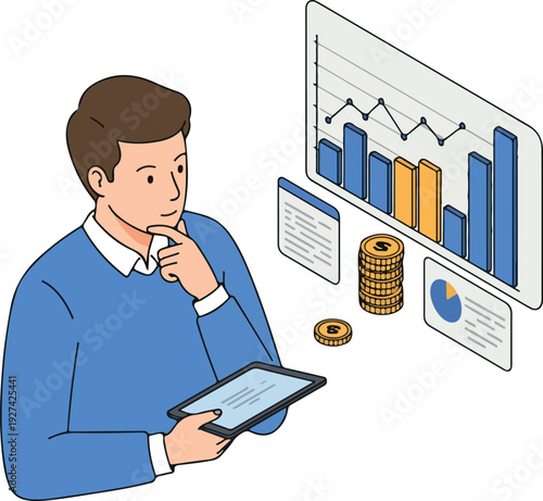 Man With Tablet Analyzing Financial Growth Charts And Stacked Coins Isometric