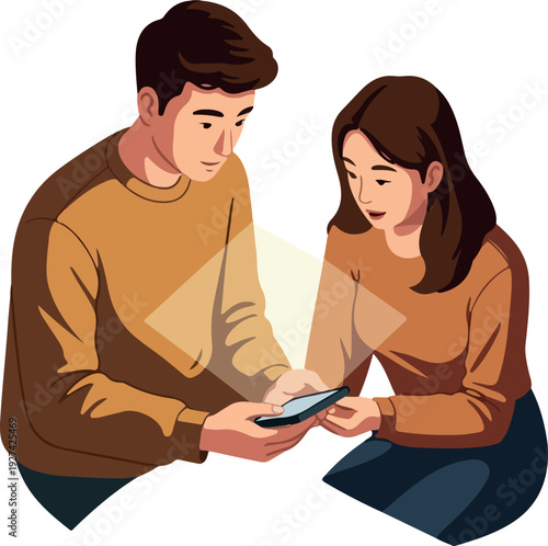 Man Woman Looking Smartphone Screen Together Brown Sweaters Isolated