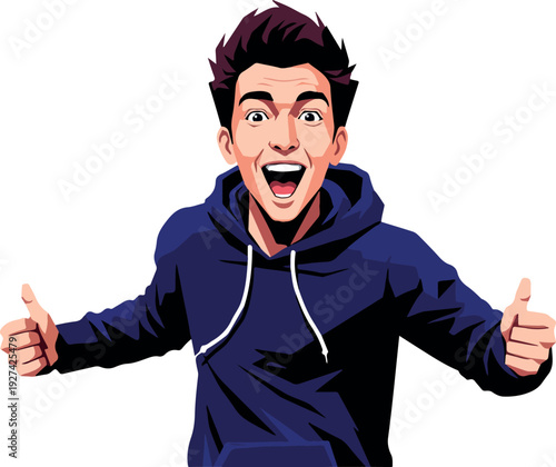 Man With Thumbs Up Blue Hoodie Vector Art