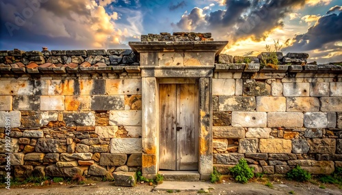 A weathered stone wall with a wooden door