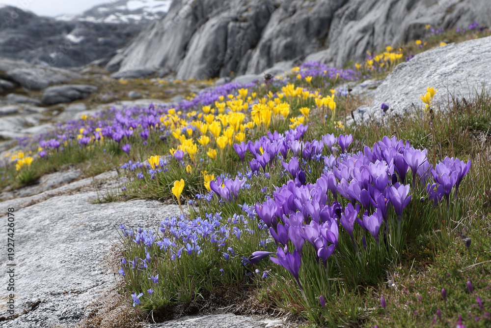 Obraz premium Colorful mountain slope with vibrant purple and yellow crocus flowers in bloom