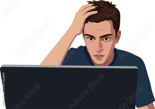 Man Frustrated Stressed Working On Laptop Computer Screen White Background