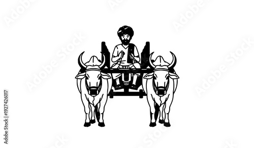 Indian farmer riding bullock cart flat vector illustration rural agriculture isolated on white