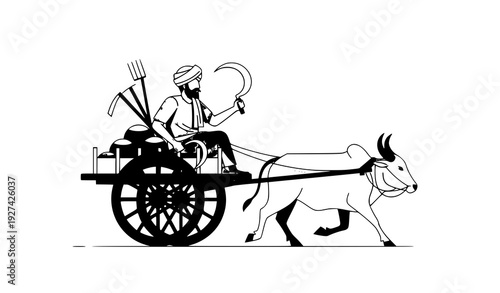 Indian farmer illustration riding bullock cart rural agriculture vector isolated on white background