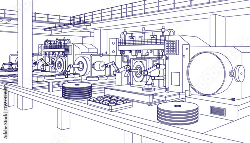 Semiconductor Fabrication Plant Interior with Advanced Machines, Electronics Manufacturing Factory, Clean Technical Outline, Industrial Vector Line Illustration, Microchip Production Facility
