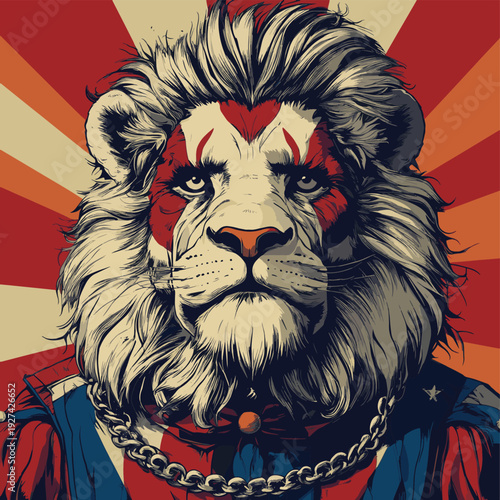 portrait of a lion on chain with clown in circus content created with generative AI software. , vector style simple color