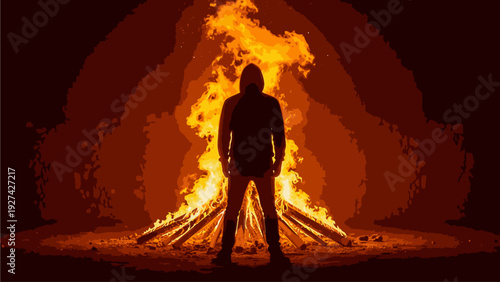 Silhouette of a person standing in front of a large bonfire with flames at night.