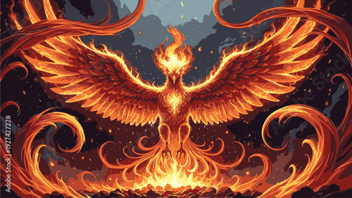 Digital illustration of a majestic phoenix rising from flames with vibrant orange and yellow hues against a dark mystical background.