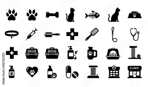 Pet care and veterinary black and white icon set isolated on white background