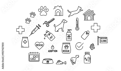 Minimal line art pet care and veterinary clinic icon collection vector design
