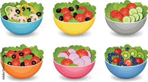 Fresh healthy salad bowls vector set with vegetable and fruit ingredients including tomatoes olives cucumbers onions mushrooms and berries for vegan diet menu.
