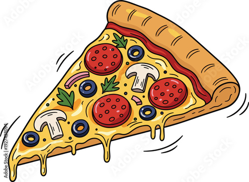 Delicious hand drawn pizza slice with melting cheese pepperoni mushrooms and olives in a retro comic style for restaurant menus and food branding.