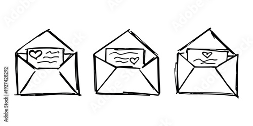 Set of hand drawn envelope with letter inside Mail and correspondence doodle Love, communication, invitation Single element for design, print, decor