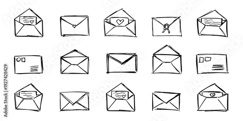 Set of hand drawn envelope with letter inside Mail and correspondence doodle Love, communication, invitation Single element for design, print, decor