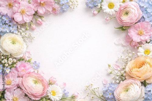Pastel floral frame of delicate ranunculus, daisies, and blue blossoms with fresh dewdrops creating elegant romantic wedding invitation flat lay composition, isolated on white background.