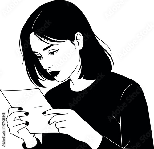Minimalist Black and White Woman Reading Letter Vector Illustration