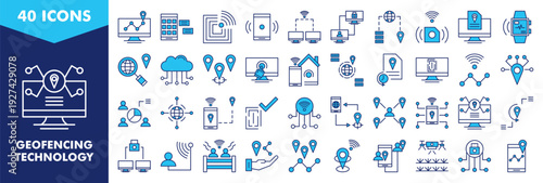 geofencing technology icon set collection. icon set contain gps tracking, mobile app, rfid, nfc, access control, geolocation data, smart sensors. simple vector illustration.