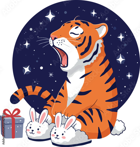 Orange Tiger Yawning Wearing Bunny Slippers With Gift Box Night Sky