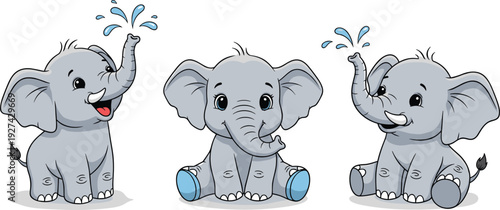 Cute baby elephant cartoon character set with playful poses spraying water from trunk and sitting isolated on white background for nursery children design.