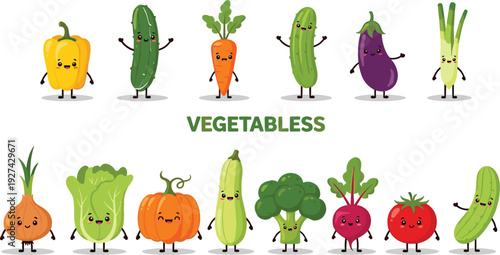 Cute vegetable character collection featuring happy carrot broccoli tomato and pumpkin mascots in kawaii style for healthy eating education and children's menu design, 24 words.
