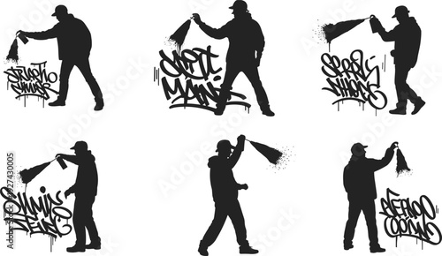 Street graffiti artist silhouettes vector illustration set of spray paint characters with urban graffiti lettering isolated for street art design