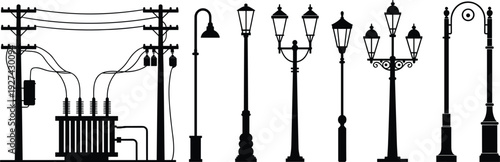 Street lighting and power utility silhouettes set featuring lamp posts transformers electric poles black flat vector illustration for urban design