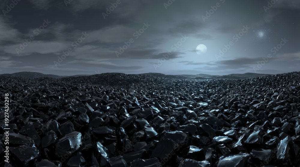 Fototapeta premium Dark Rocky Terrain Under Lunar Glow