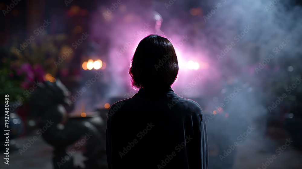 Fototapeta premium A person standing in front of a mystical scene with fog, illuminated with pink light