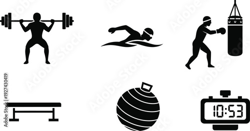 Gym and fitness icons set featuring weightlifting, swimming, boxing, workout equipment, and digital timer for sports training, health, and athletic lifestyle designs