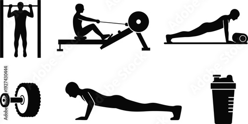 Gym Fitness Exercise Silhouette Icon Set for Workout and Training including Rowing Machine, Pull Up, Push Up, Plank, Ab Wheel, and Protein Shaker Bottle Isolated on White Background