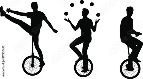 Unicycle performer silhouette vector set featuring balance tricks juggling circus artist action isolated line art black white illustration