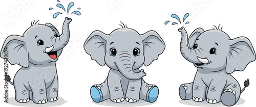 Cute baby elephant cartoon character set with playful poses spraying water from trunk and sitting isolated on white background for nursery children design.