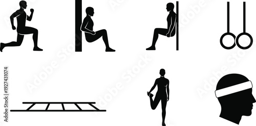 Set of fitness and sports icons featuring athlete silhouettes performing lunges, wall sits, and quad stretches, including gym rings, agility ladder, and sweatband for gym and workout design