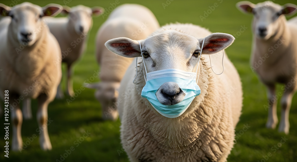 Obraz premium A humorous image of a white sheep in a green field wearing a blue surgical face mask