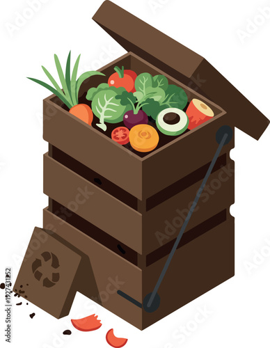 Pixel Art Compost Bin Filled With Fresh Vegetables And Fruit Isolated On White