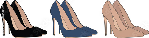 Women high heel shoes vector set elegant classic pumps collection in black blue and nude colors isolated for fashion design use