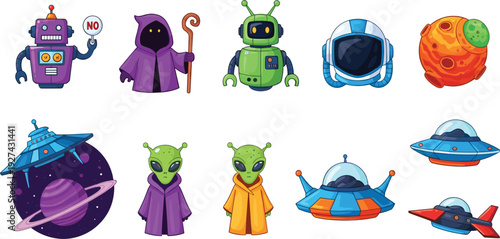 Colorful sci-fi space vector set featuring cute alien characters robots flying saucer ufo spaceships and planets isolated on white background for galaxy adventure design.