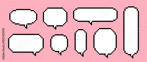 Empty pixel text boxes. Eight pixelated chat frame collection. Retro 8 bit border shape pack for speach box bubble, message cloud, communication dialog, talk balloon. Vector illustration bundle