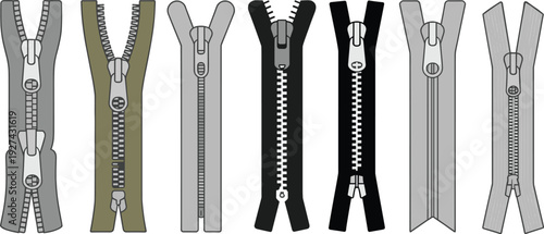 Zipper fastener vector set with different styles metal and plastic clothing zips isolated on white for sewing tailoring fashion design