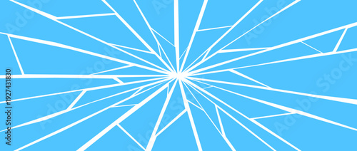 Blue damaged and broken texture. Grunge shattered glass effect background. Radial cracked lines explosion pattern. Fractured triangle fragments, pieces, shatters concept. Vector debris illustration