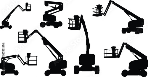 Aerial work platform lift silhouettes set showing articulated boom lifts construction equipment machinery icons isolated black vector illustration collection