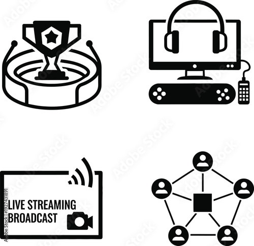 eSports and Gaming Icon Set with Tournament Trophy Arena, Professional Gaming Setup, Live Streaming Broadcast Screen, and Online Multiplayer Community Network Connection Vector Illustrations