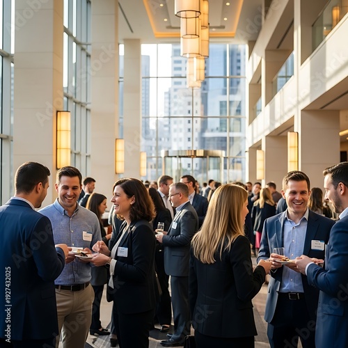 A large group of people in business attire mingling