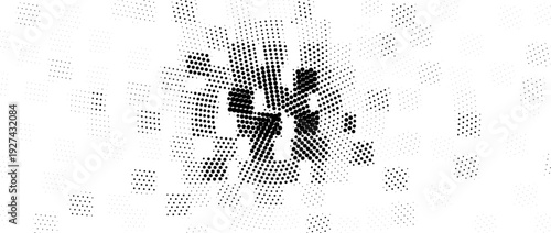 Abstract pixelated halftone square texture. Black pixel cube explosion background. Abstract scattered dotted pattern overlay bg. Fading geometric fragment wallpaper. Vector radial backdrop