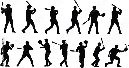 Baseball player silhouette vector set featuring batters and fielders action poses sport illustration isolated line art black white