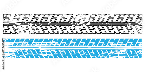 Grunge tire track vector illustration black and blue tyre print with grunge effect car, motorcycle, and truck wheel trace for your design