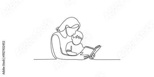 A simple continuous line drawing of a mother and child reading a book together